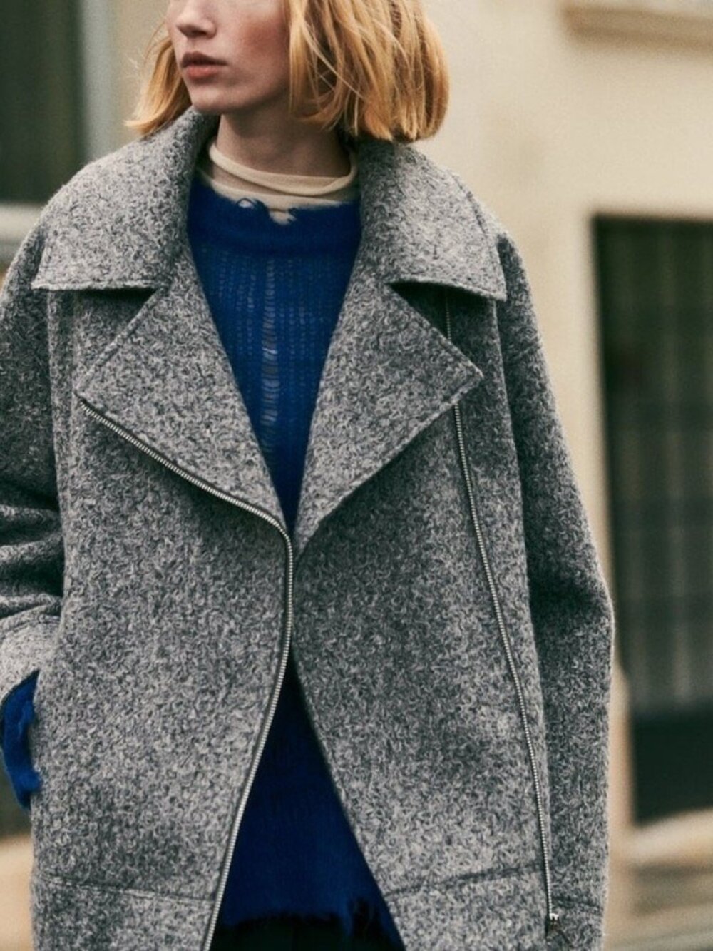 Zara Boucle Women's Gray Asymmetric Zip Collared Oversized Over Coat Jacket Sz S